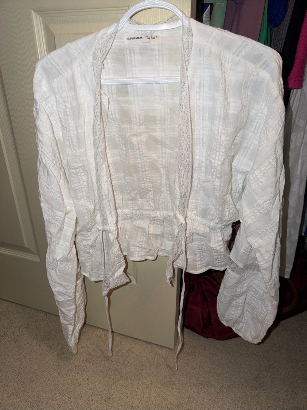 Pull&Bear White Lace-Trim Textured Dress Top